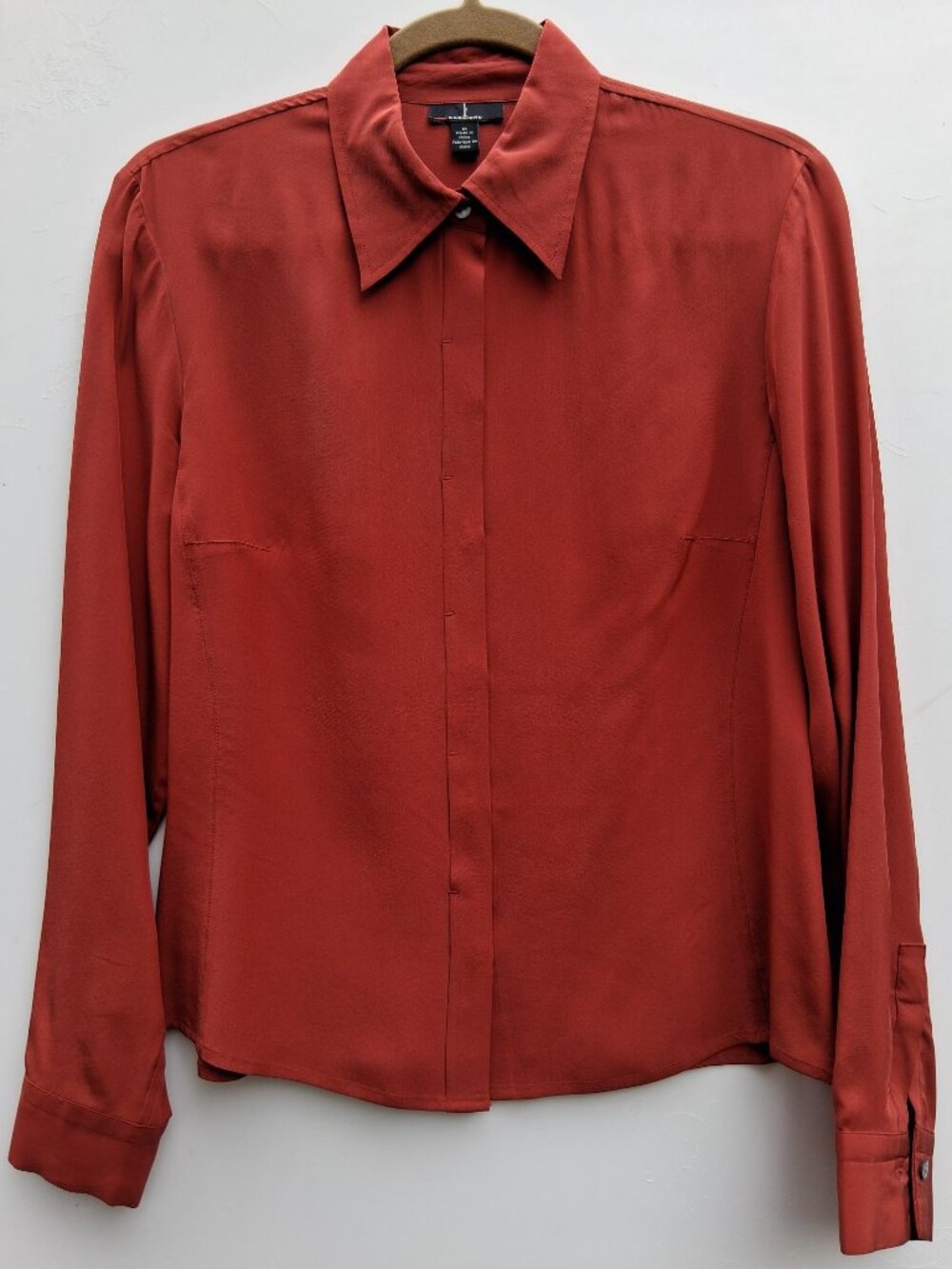 Vintage Femme de Carriere silk button-down shirt, brick red (size M)